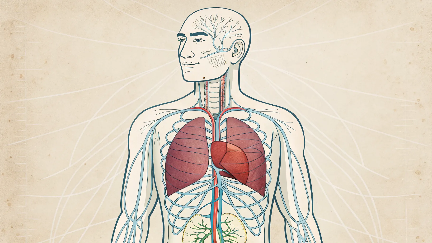 Anatomical diagram showing the location of the liver in the upper right abdomen of the human body.